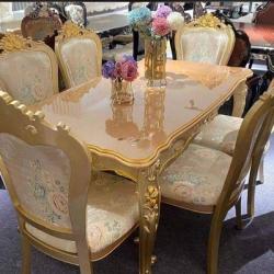 CREAM & GOLD DINING TABLE BY 6 CHAIRS (OFU)