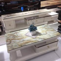 WHITE TV STAND & CENTER TABLE WITH MARBLE TOP (OFU)