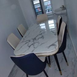 WHITE & GREY RECTANGULAR MARBLE TOP DINING TABLE BY 6 CHAIRS( CREAM & BLACK) (YOFU)