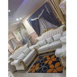 ROYAL WHITE & GOLD 7 SEATERS SOFA WITHOUT CENTRE TABLE & SIDE STOOLS (HIFU)