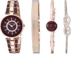 ANNE KLEIN AK/3286BYST WOMEN’S SWAROVSKI CRYSTAL ACCENTED ROSE GOLD-TONE BURGUNDY WATCH BRACELET SET  - deluxe.com.ng