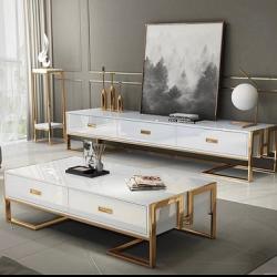 WHITE AND GOLD RECTANGULAR CENTER TABLE WITH DRAWER & TV STAND WITH 3 DRAWERS (NWAFU)