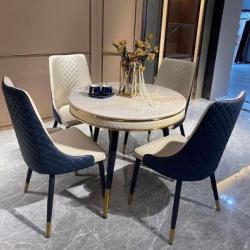 CREAM ROUND MARBLE TOP DINING TABLE BY 4 NAVY BLUE & CREAM CHAIRS (HIFU)