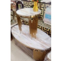 WHITE OVAL MARBLE TOP CENTER TABLE WITH GOLDEN LEGS & 2 SIDE STOOLS (EMFU)