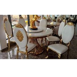 QUALITY ROUND WHITE MARBLE & GOLD DESIGN DINING TABLE WITH 6 CHAIRS - AVAILABLE (OKAF) 