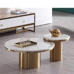 QUALITY DESIGNED WHITE MARBLE TOP WITH GOLD ROUN BASE CENTER TABLE & 2 SIDE STOOLS - (JAFU) - deluxe.com.ng