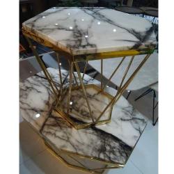 QUALITY DESIGNED WHITE & BLACK MARBLE TOP ROUND CENTER TABLE WITH 2 SIDE STOOLS - (JAFU) 