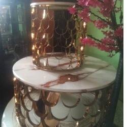 QUALITY DESIGNED ROUND WHITE MARBLE TOP CENTER TABLE WITH GOLDEN FRAME & 2 SIDE STOOLS - (JAFU) - deluxe.com.ng