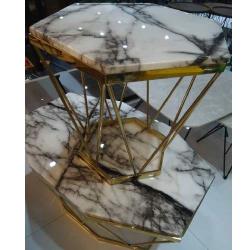 QUALITY DESIGNED WHITE & GRAY HEXAGON MARBLE TOP CENTER TABLE WITH 2 SIDE STOOLS - (JAFU) -deluxe.com.ng