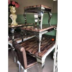 QUALITY DESIGNED BROWN MARBLE CENTER TABLE WITH 2 SIDE STOOLS - AVAILABLE (MOBIN) 