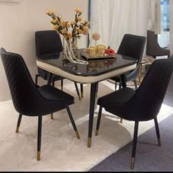 BLACK SQUARE MARBLE TOP DINING TABLE WITH 4 BLACK CHAIRS ( YOFU)