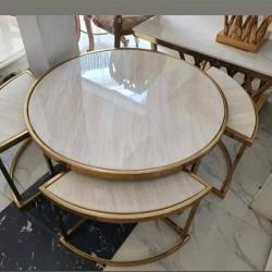 WHITE ROUND MARBLE TOP CENTRE TABLE WITH 3 SIDE STOOLS (NWAFU)