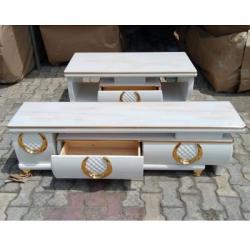 WHITE TV STAND & CENTER TABLE WITH DRAWERS WITH GOLDEN RINGS (OFU)