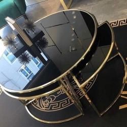 1 BLACK ROUND GLASS CENTER TABLE WITH GOLDEN BASE & 3 SIDE STOOLS (NWAFU)