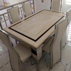 CREAM DINING TABLE & SILVER LEGS WITH 6 CREAM CHAIRS (YOFU)