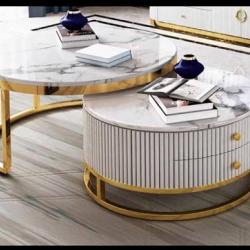 WHITE ROUND MARBLE TOP CENTER TABLE (2PCS) & GOLD BASE WITH DRAWER (NWAFU)