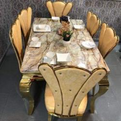BROWN MARBLE TOP DINING TABLE BY 6 ROYAL ORANGE FLOWER DESIGN CHAIRS (1530)