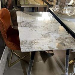 WHITE & BROWN RECTANGULAR MARBLE TOP WITH FOUR BLACK LEGS DINING TABLE (1530)
