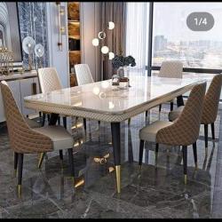 CREAM MARBLE TOP DINING TABLE & CREAM AND BROWN CHAIRS BY 6 (FEPLA)