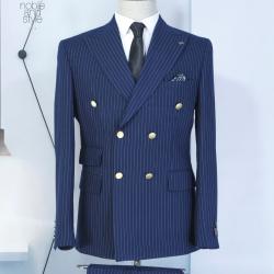 EXECUTIVE NAVY BLUE AND LIGHT BROWN STRIPPED BREASTED TURKEY SUIT WITH GOLDEN BUTTON-deluxe.com.ng