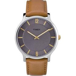 TIMEX TW2R49700 MEN'S SKYLINE SLIM STAINLESS STEEL GREY DIAL BROWN LEATHER MEDIUM SIZE WATCH