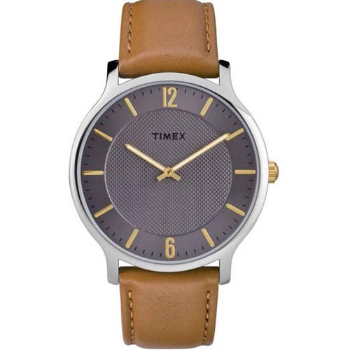 TIMEX TW2R49700 MEN'S SKYLINE SLIM STAINLESS STEEL GREY DIAL BROWN LEATHER MEDIUM SIZE WATCH