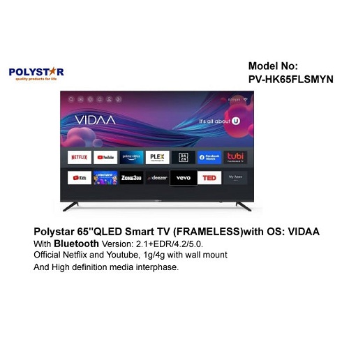 POLYSTAR TELEVISION 65” SMART ULTRA HD 4K TV - PV-HK65FLSMYN - deluxe.com.ng